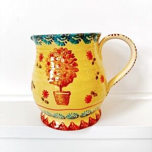Colorful Boho Floral Ceramic Pitcher Vase – Yellow Folk Art Utensil Holder 7”